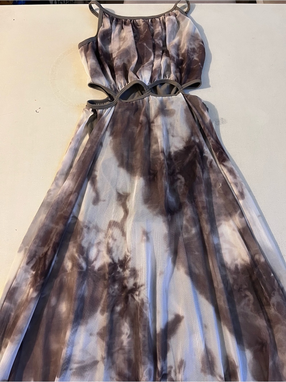 Brown and White Tie-Dye Cutout Dance Dress